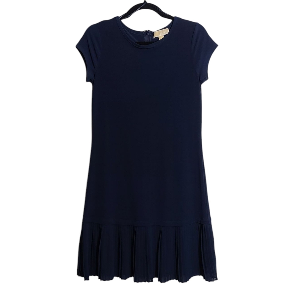 MICHAEL KORS Pleated Hem Shift Dress In Navy Blue Size Small